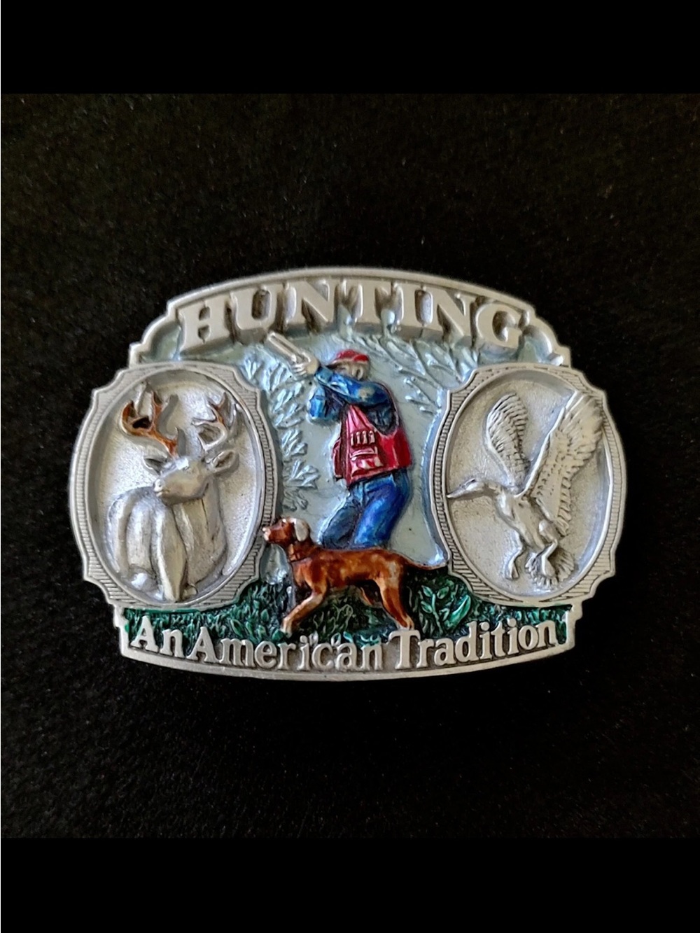 Vintage Hunting Belt Buckle - Multicolor "An American Tradition" 1986